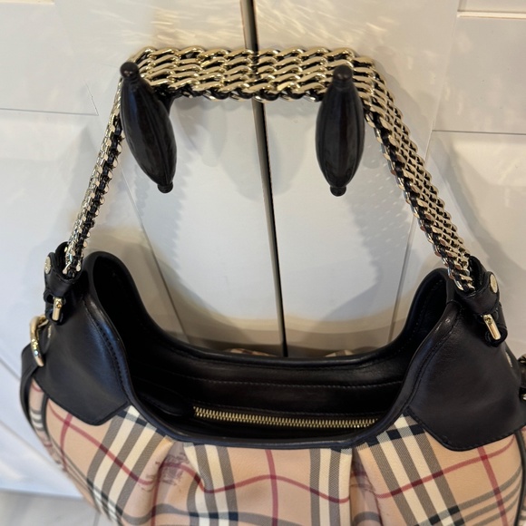 BURBERRY Chocolate Brown Leather Haymarket Check Coated Canvas Chain Strap Hobo - Picture 5 of 17